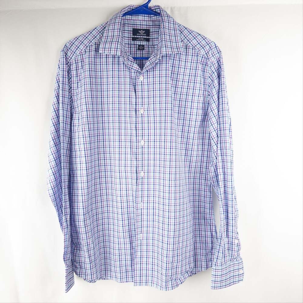 Dockers Men's Purple Blue White Plaid Check Long Sleeve Fitted Stretch Collar